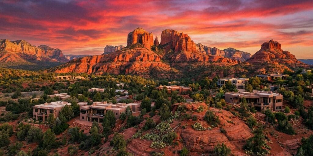 A scenic view of a desert landscape with rock formations and houses under a colorful sunset sky