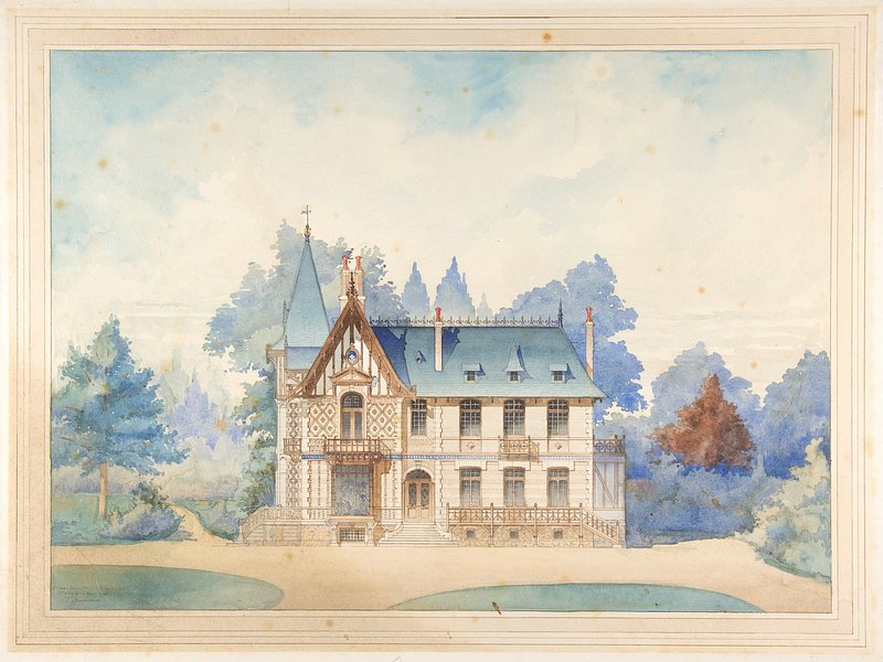 Watercolor illustration of a coastal property with intricate architectural details and surrounding landscape.