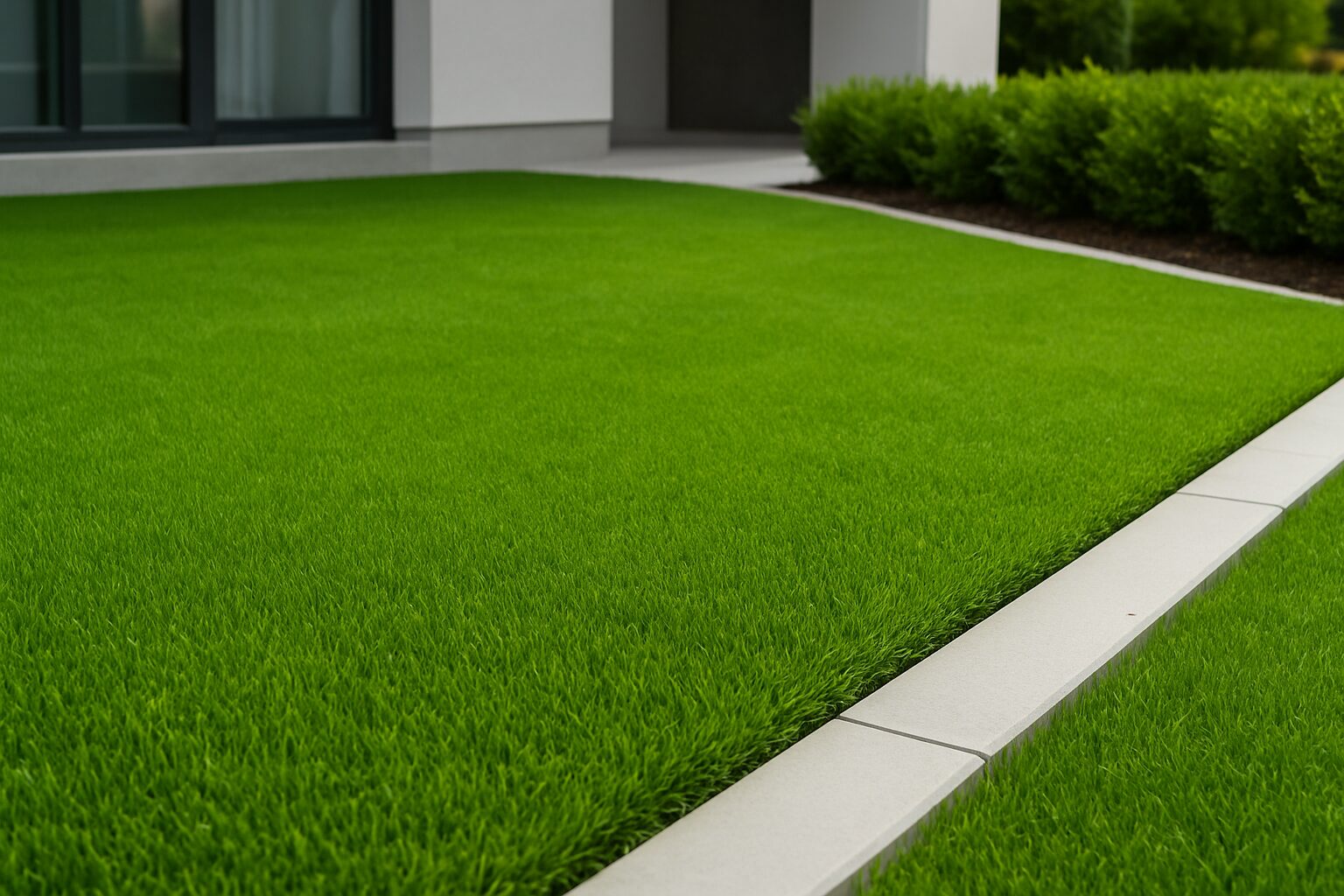 A close-up view of a lush, green lawn bordered by a concrete edge, showcasing healthy grass and well-maintained landscap