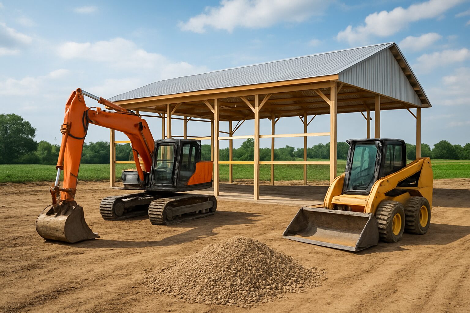 Construction site with an open pole barn and heavy machinery
