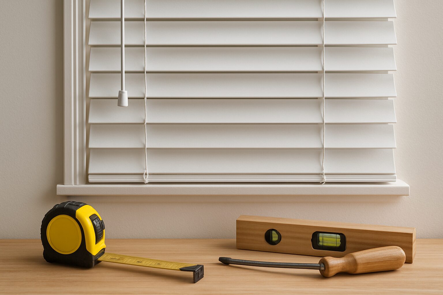 Close-up of blinds with measuring tape and level tool on wooden surface