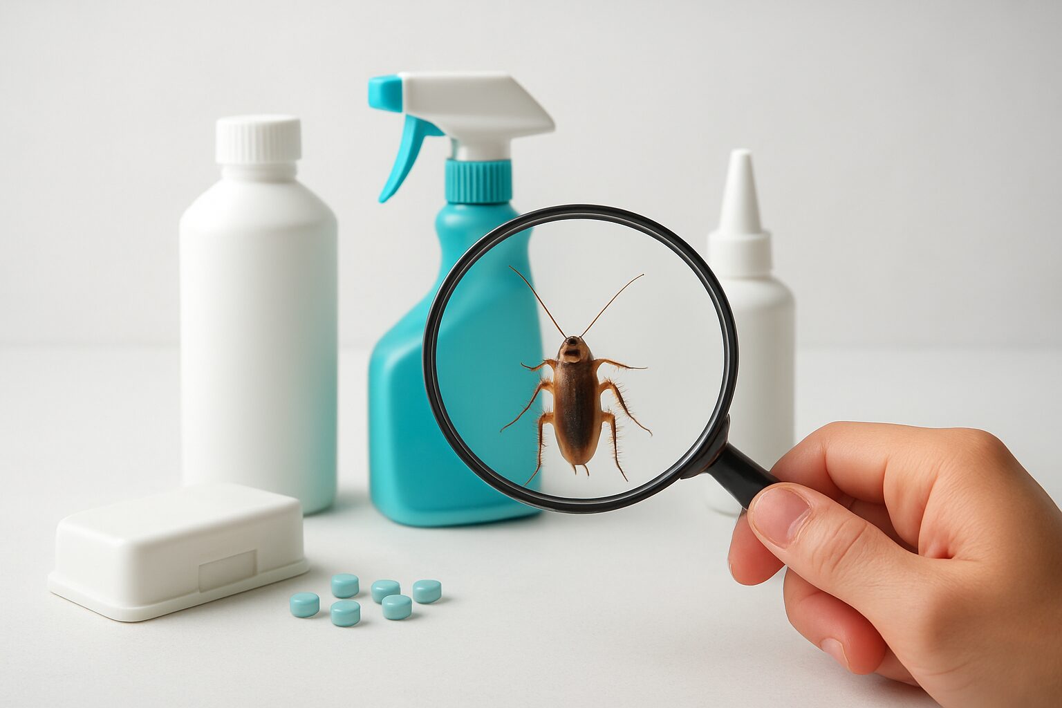 A hand holding a magnifying glass over a brown insect, surrounded by cleaning supplies, emphasizing pest management.