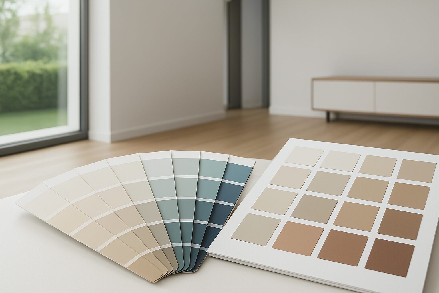 Color swatches for home painting displayed on a table in a bright interior space