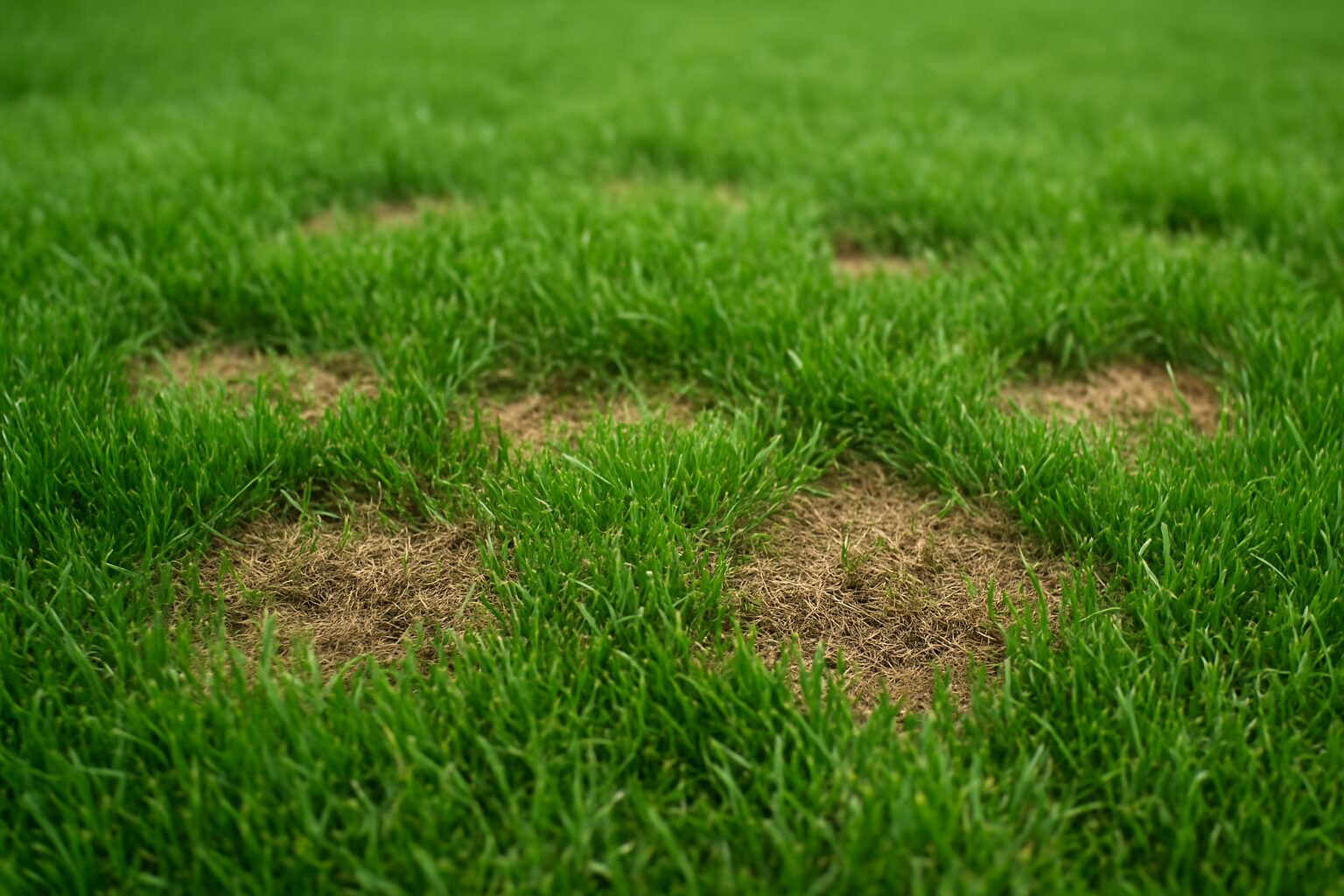 Close-up of a lawn showing healthy green grass around patches of brown grass
