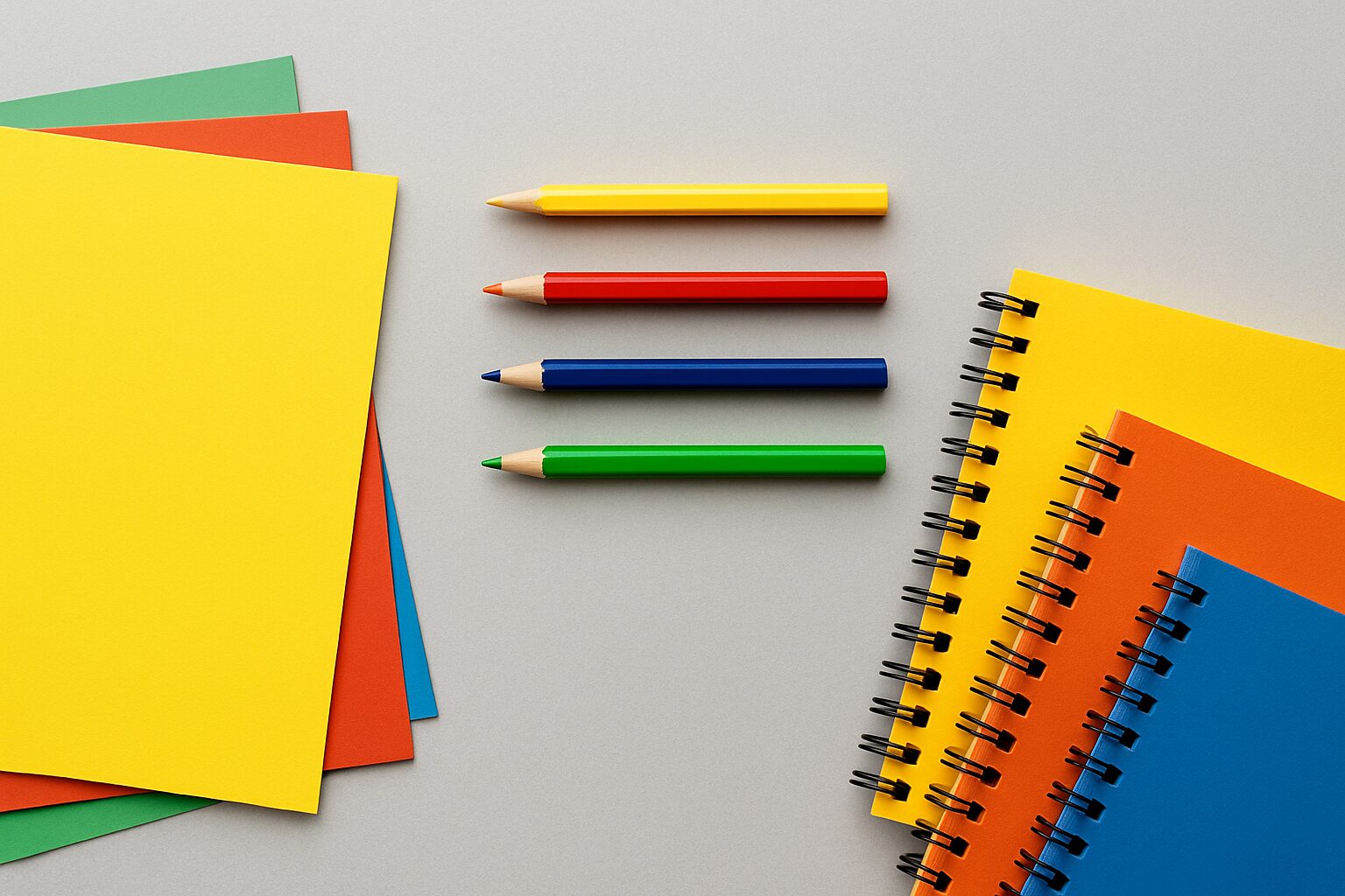 Colorful sheets of paper and colored pencils arranged on a gray surface