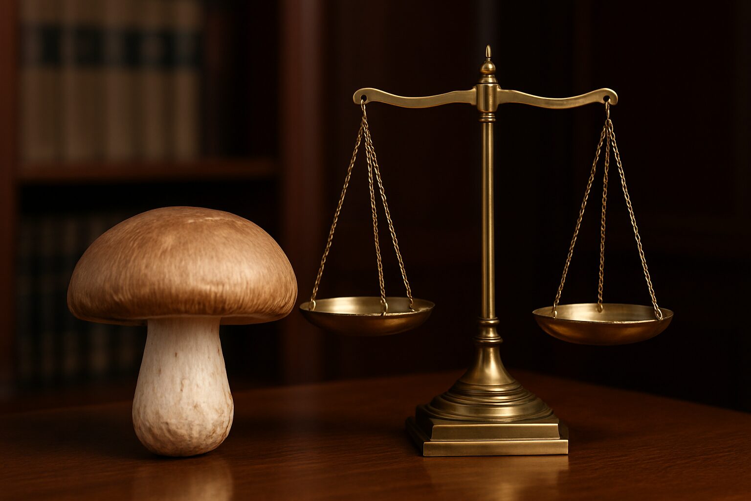 A wooden mushroom next to a brass scale symbolizing law and legal status
